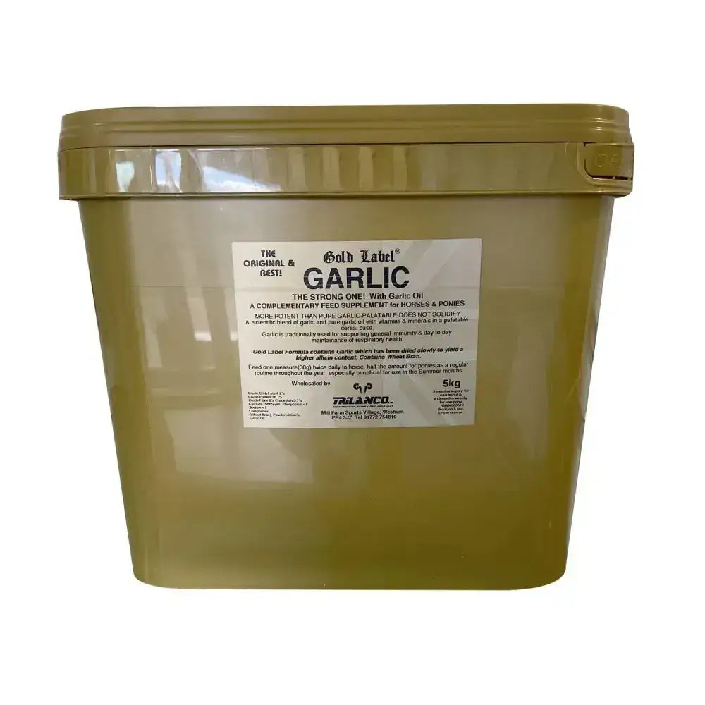 Olive-green plastic bucket of gold label garlic powder feed supplement for horses and ponies weighing 5kg