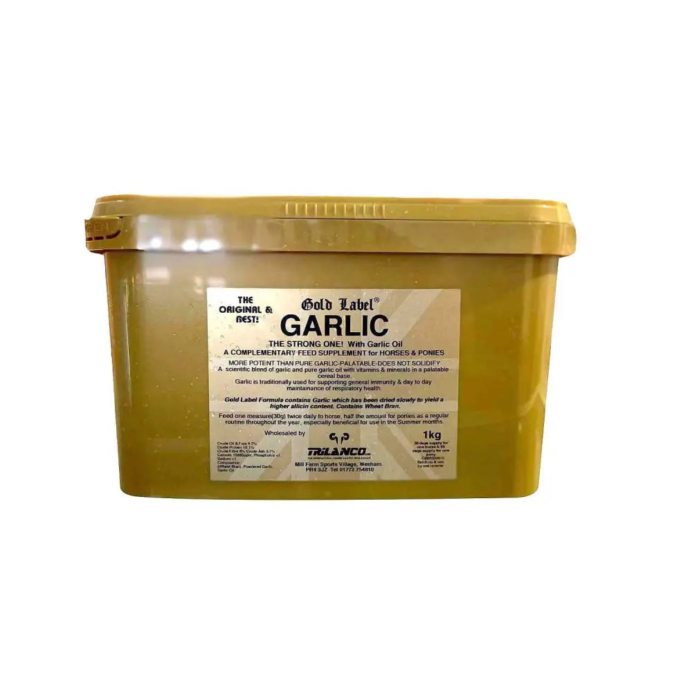 Gold label garlic powder in a 1kg yellow plastic container with lid for horse supplements use