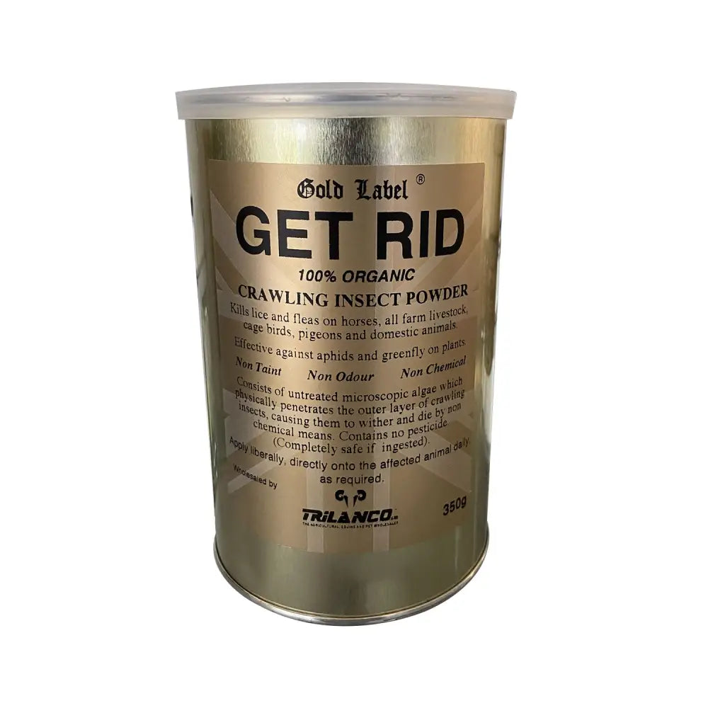 Gold label get rid completely organic powder in a metallic gold container with clear lid that rids lice for animal husbandry