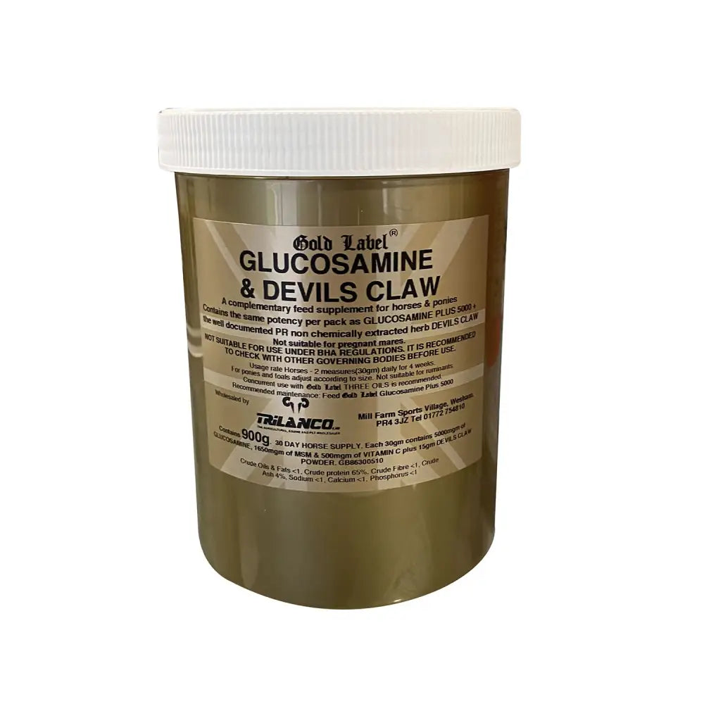 Gold label glucosamine and devils claw strength supplement in a 500g brown plastic jar with white screw-top lid