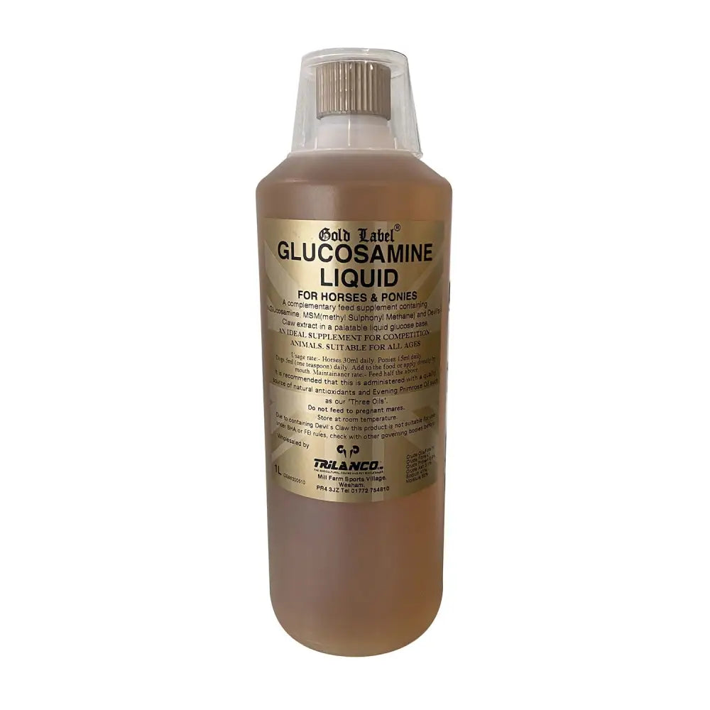 Gold label glucosamine liquid for horses in a clear plastic bottle with metallic cap and amber devils claw fluid