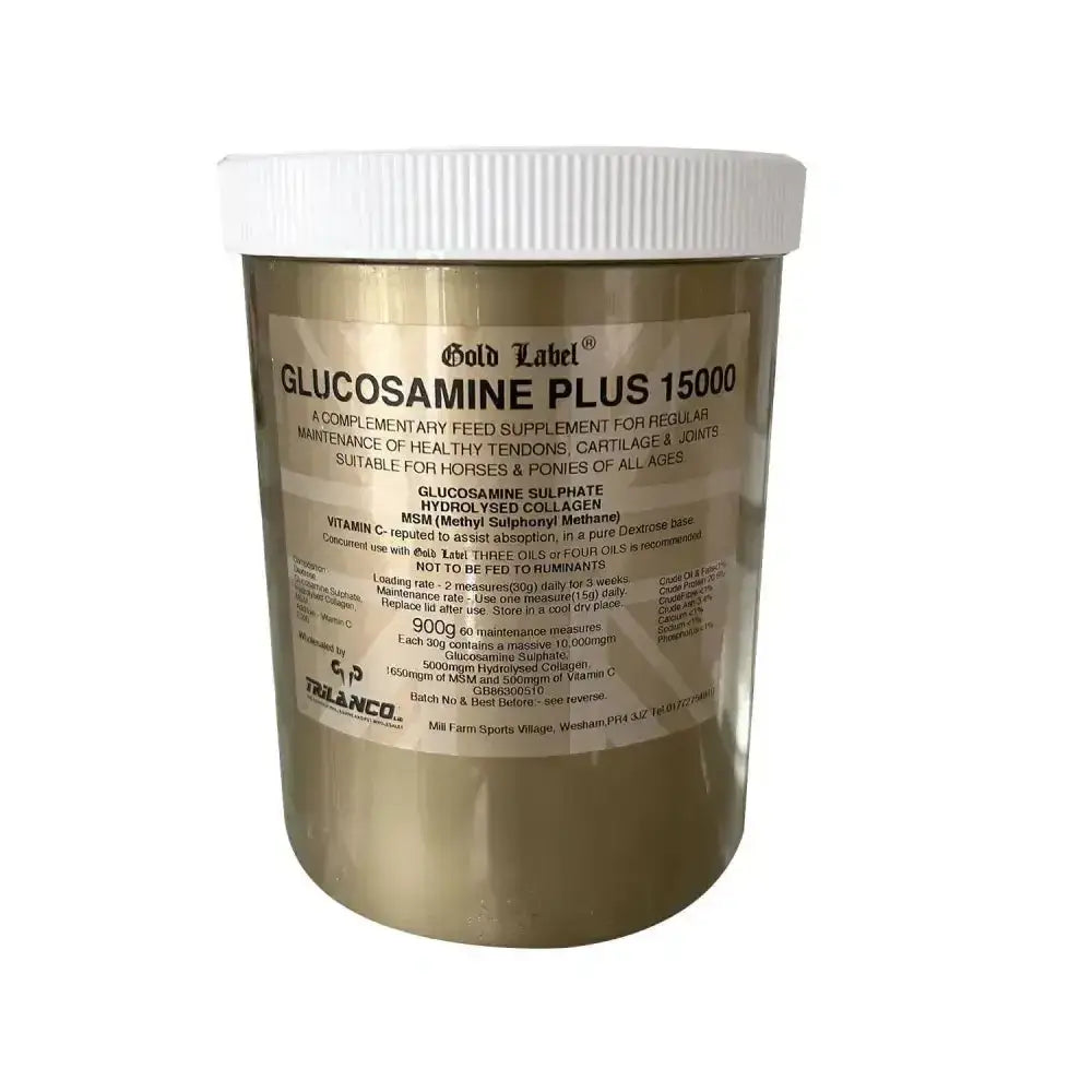 Gold label glucosamine plus 15000 supplement container with metallic gold body and white lid for healthy tendons and hydrolysed collagen