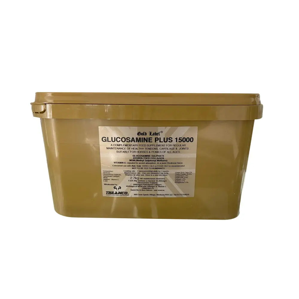 Gold label glucosamine plus 15000 tan plastic container with white label for healthy tendons and hydrolysed collagen