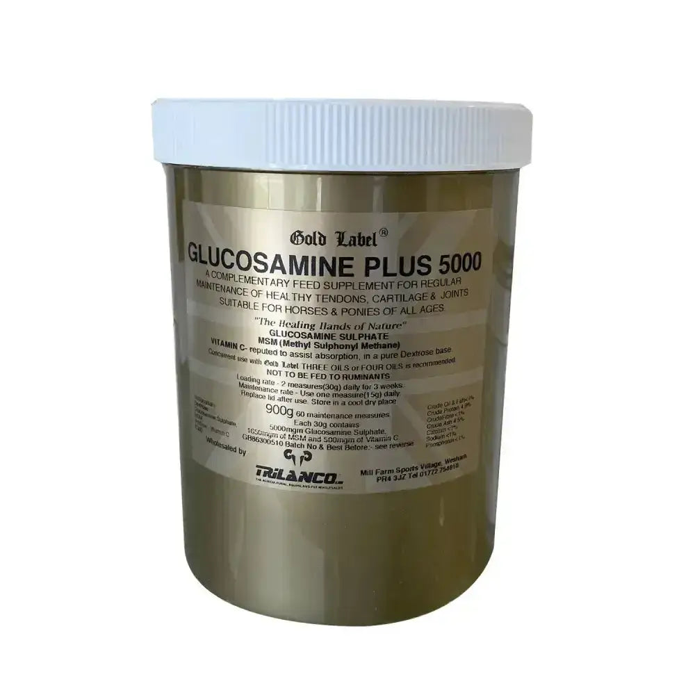 Gold label glucosamine plus 5000 supplement container in metallic gold with white lid for healthy tendons and glucosamine sulphate