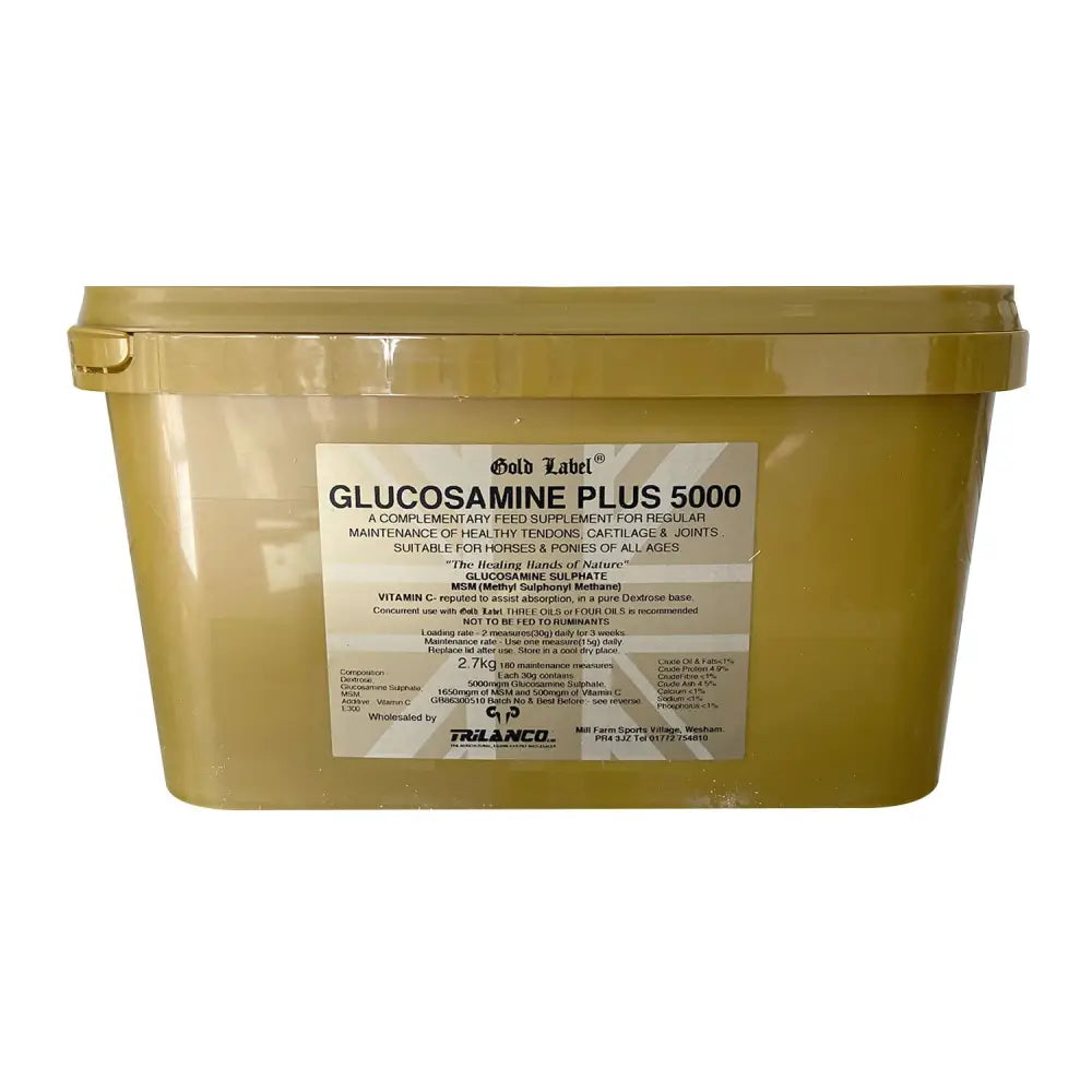 Gold label glucosamine plus 5000 supplement in a matte gold plastic bucket supports healthy tendons with glucosamine sulphate