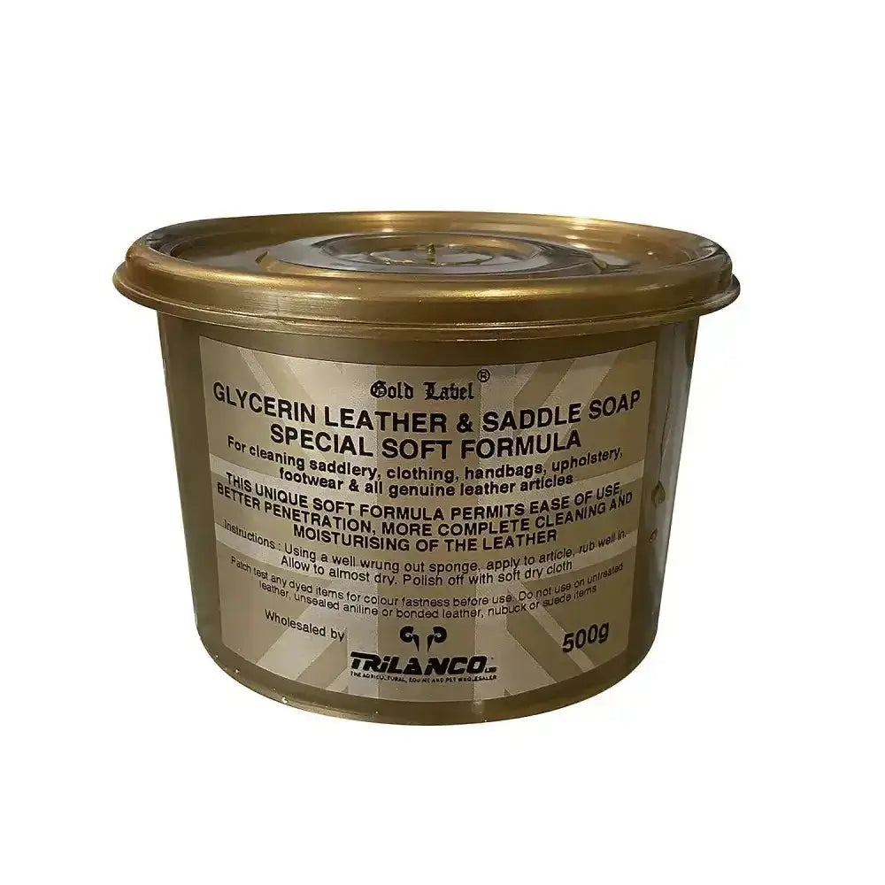 Gold label glycerin leather & saddle soap 500g container with gold lid and beige label for leather care