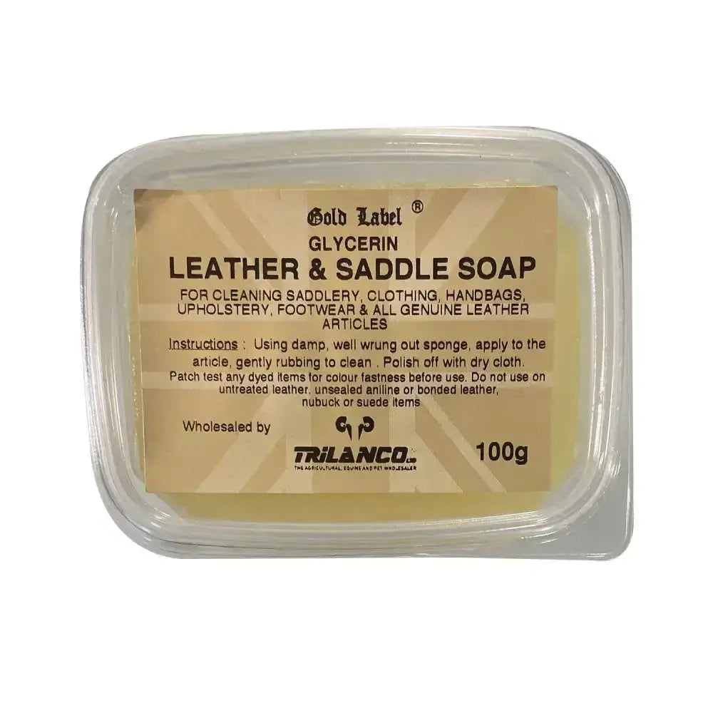 Gold label glycerin leather and saddle soap in a clear plastic container 100g for leather cleaning and care