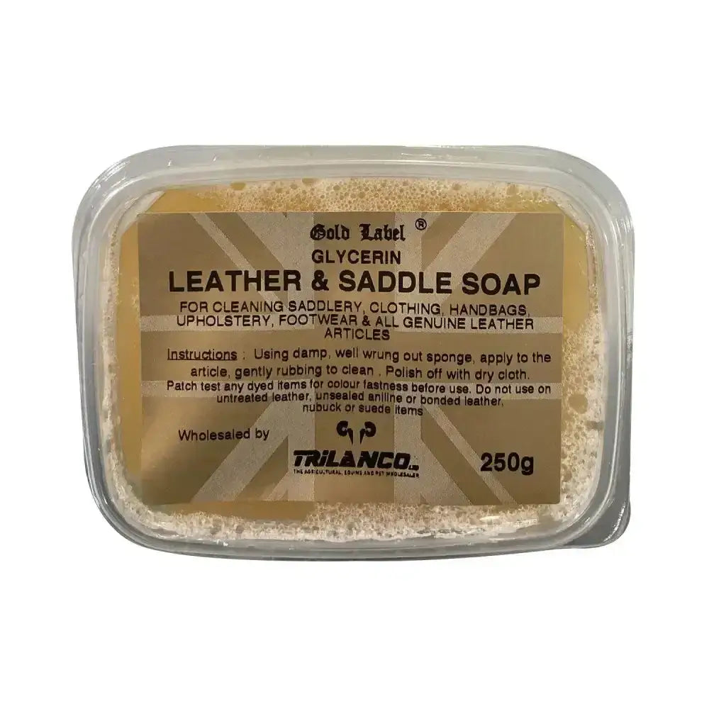 Gold label glycerin leather and saddle soap in clear container with instructions for use on genuine leather items