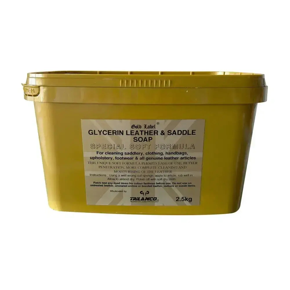 Gold label glycerin saddle soap in a 2.5kg yellow container with soft formula for cleaning glycerin leather items