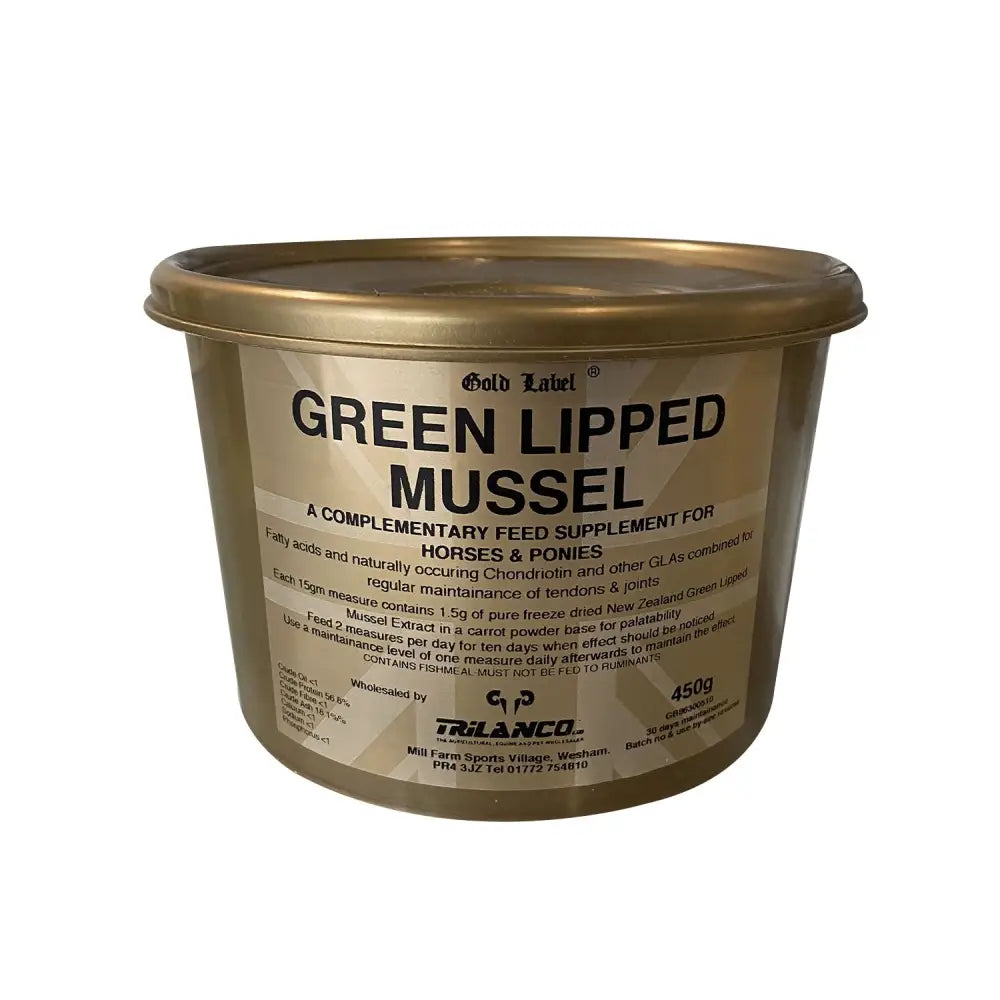 Gold label green lipped mussel supplement with metallic gold lid and beige label for pain free joints in horses