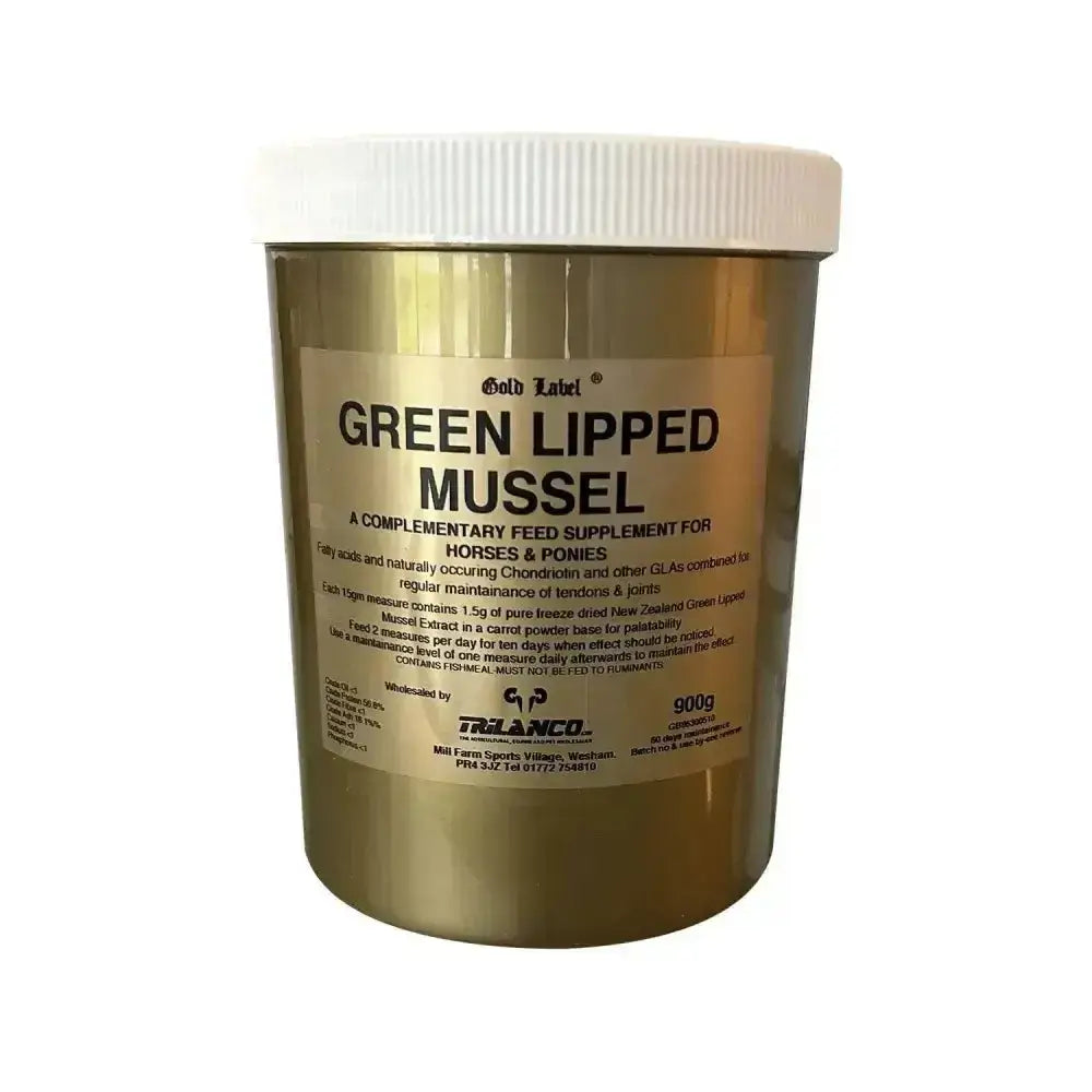 Gold label green lipped mussel supplement in a 900g translucent container with white lid for pain free joints and chondroitin