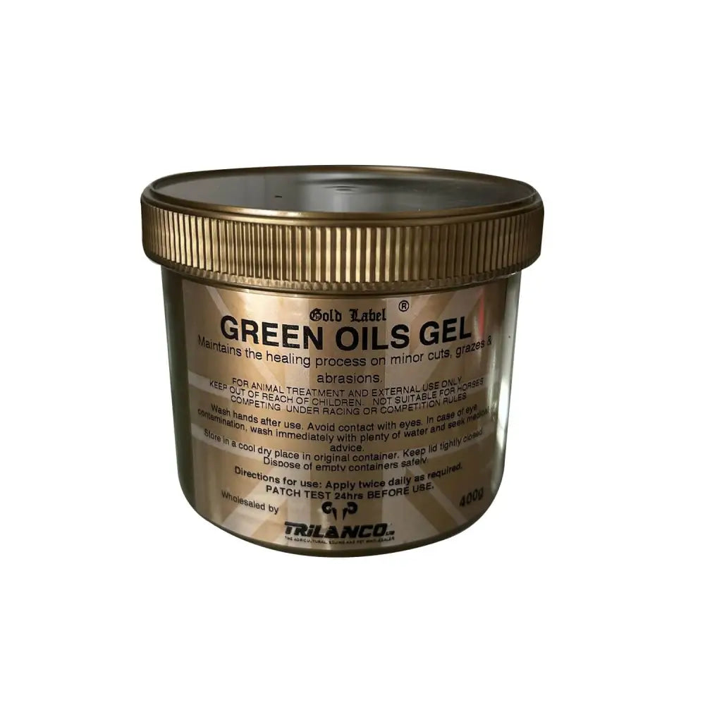Gold label green oils gel in a metallic gold 400g jar with ribbed lid for effective horse supplements use