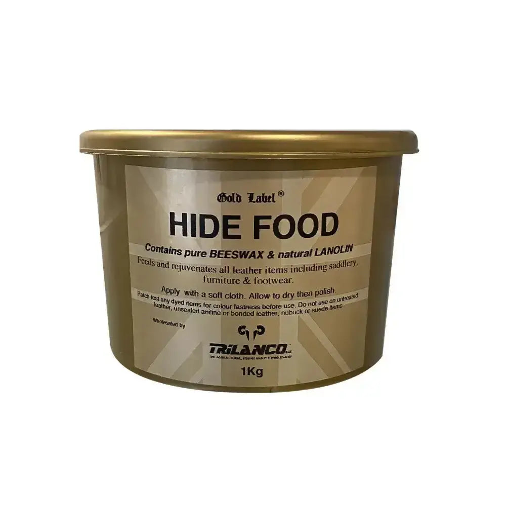 Gold label hide food in 1kg beige container with gold lid contains pure beeswax and natural lanolin for original nutrient leather care