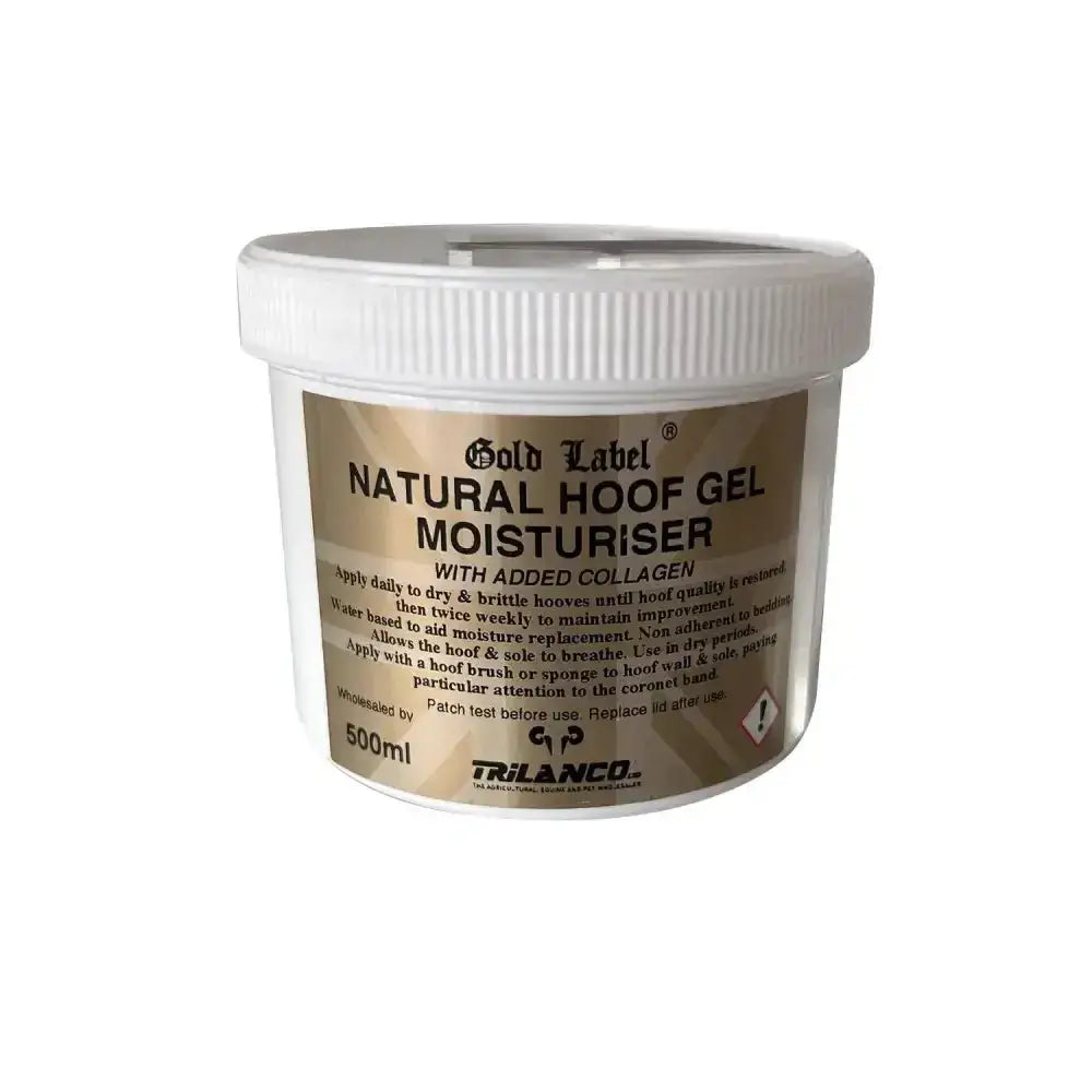Gold label hoof gel moisturiser in a clear jar with white lid 500ml added collagen for natural hoof care