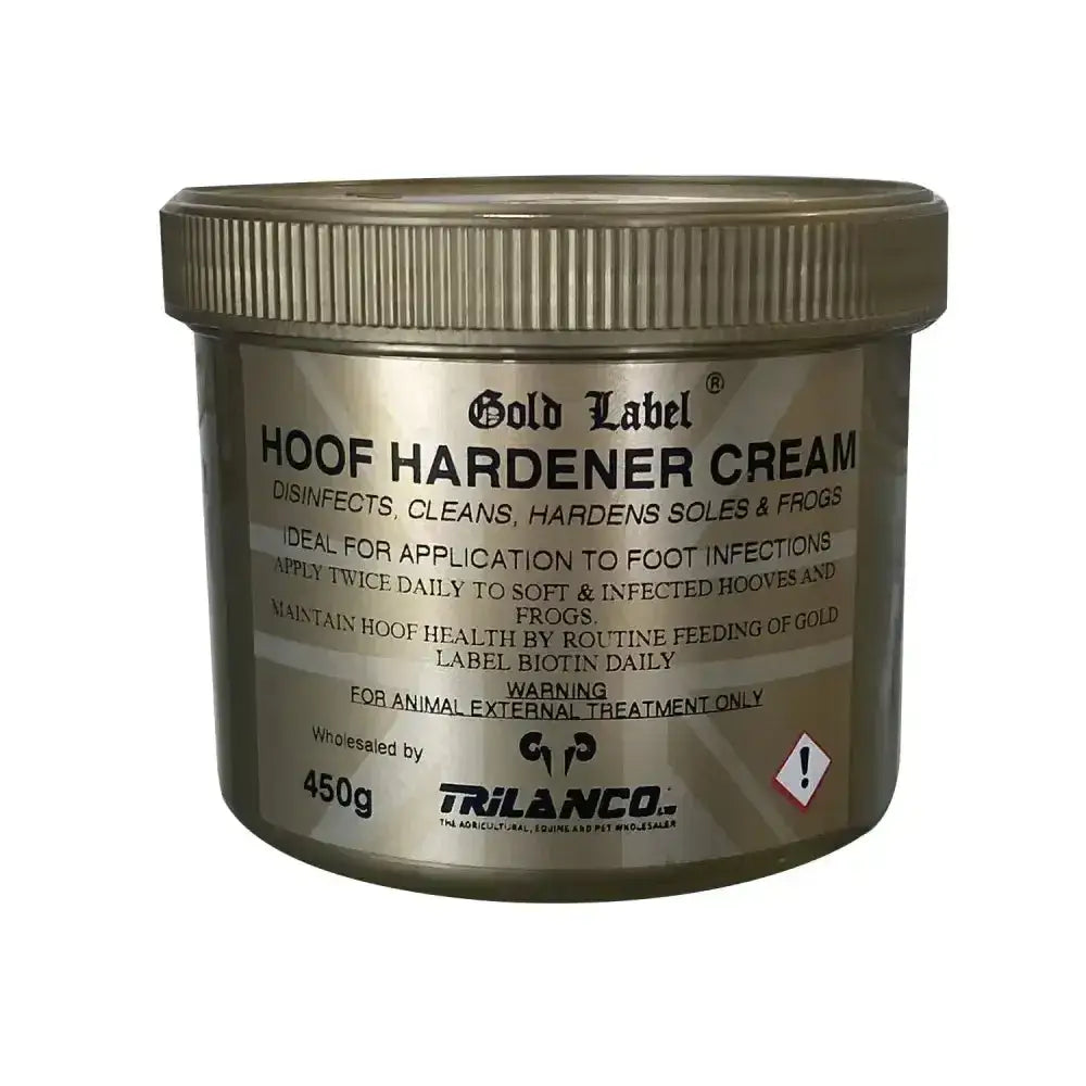 Gold label hoof hardener cream in a 450g metallic gold jar with ribbed lid for strong hoof care