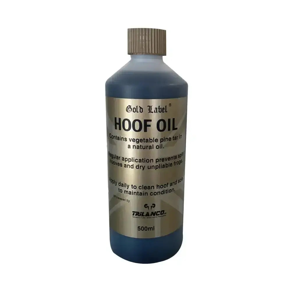 Gold label hoof oil in a 500ml translucent blue bottle with ribbed gold cap made with natural ingredients including vegetable pine tar