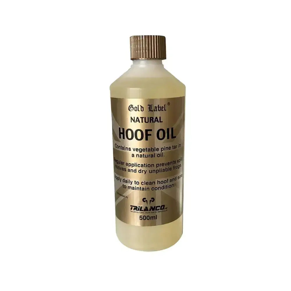 Gold label hoof oil natural in a 500ml clear bottle with gold label and cap containing vegetable pine tar oil