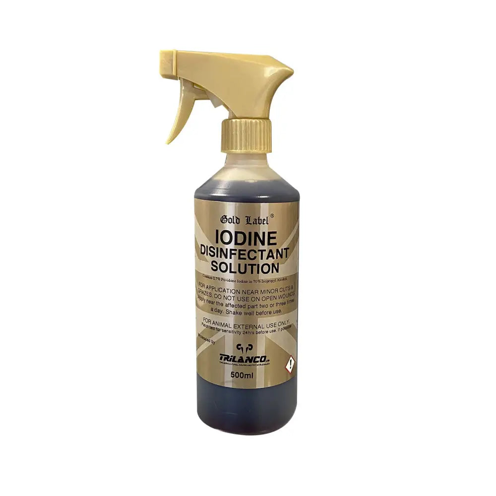 Gold label iodine disinfectant solution in a 500ml spray bottle with beige trigger featuring non-toxic povidone iodine