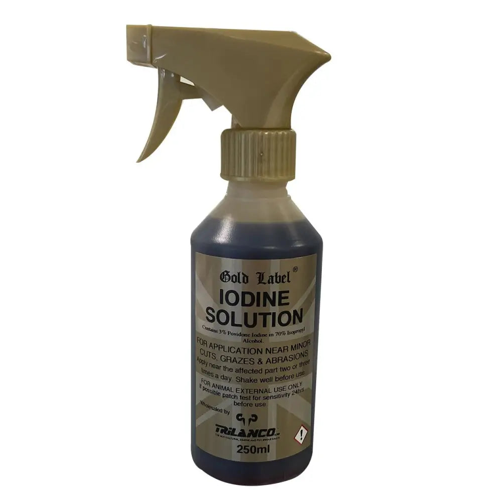 Gold label iodine solution in a 250ml spray bottle with beige trigger nozzle containing safe non-toxic povidone iodine