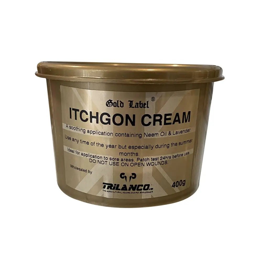 Gold label itchgon anti-fungal cream in a 400g metallic gold tub with black text and beige geometric label design