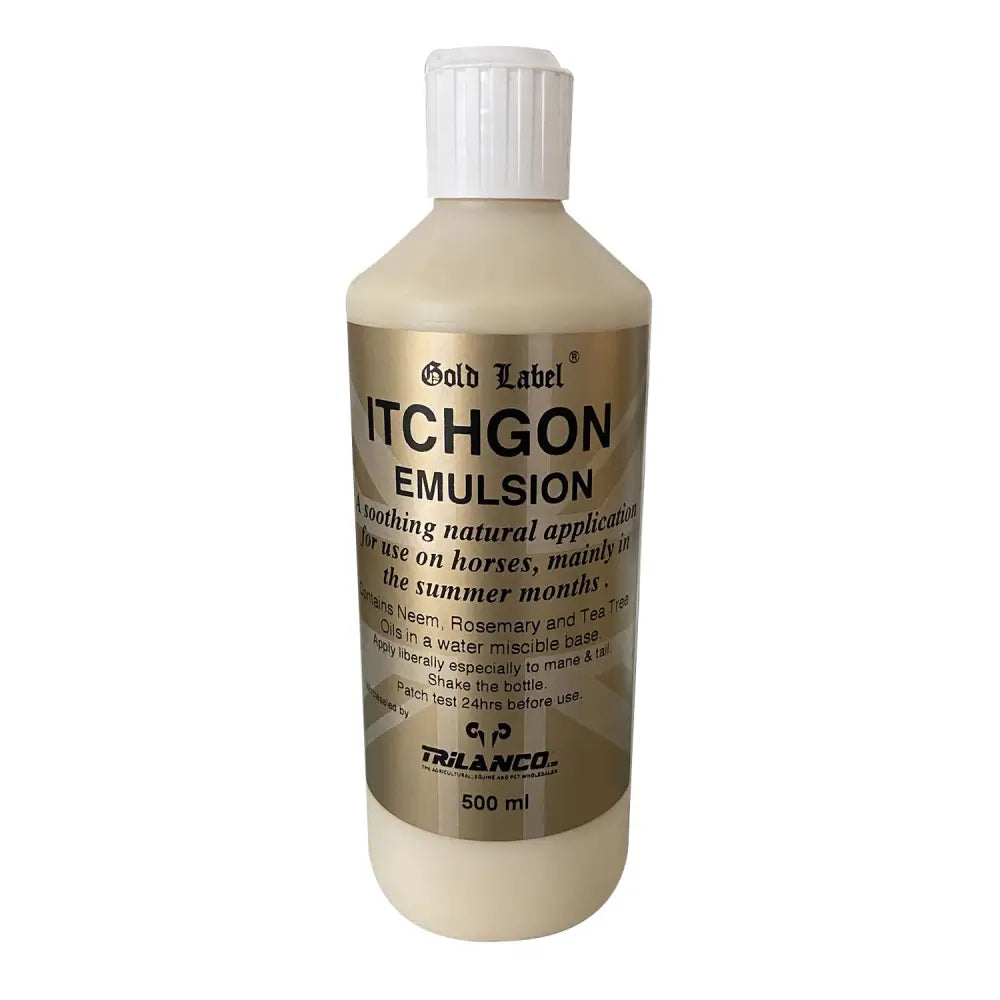 Gold label itchgon emulsion in a 500 ml translucent bottle with white cap containing light beige liquid