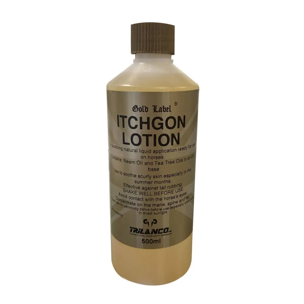 Gold label itchgon lotion in 500ml clear bottle with brown cap containing pale yellow blended neem oil lotion