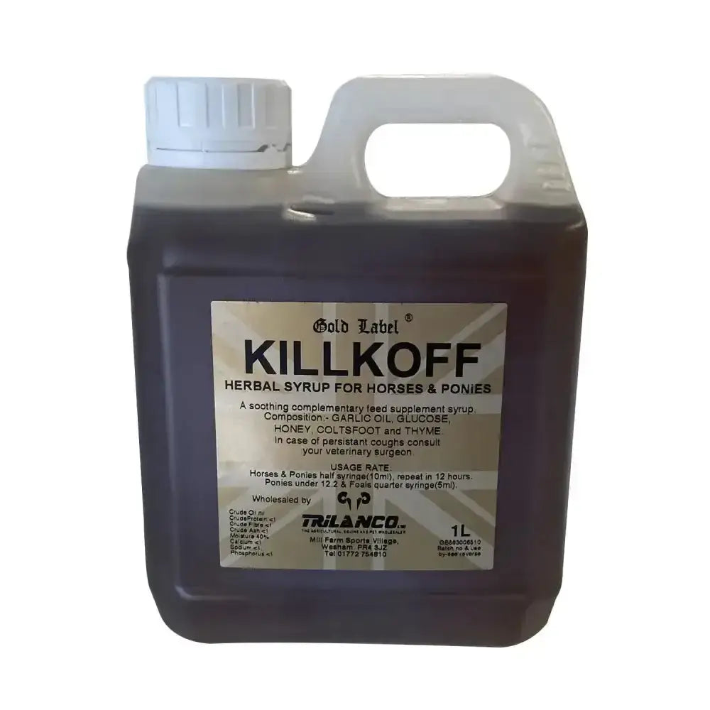 A 1-liter translucent plastic jug with white cap and handle labeled gold label killkoff herbal syrup soothing coltsfoot