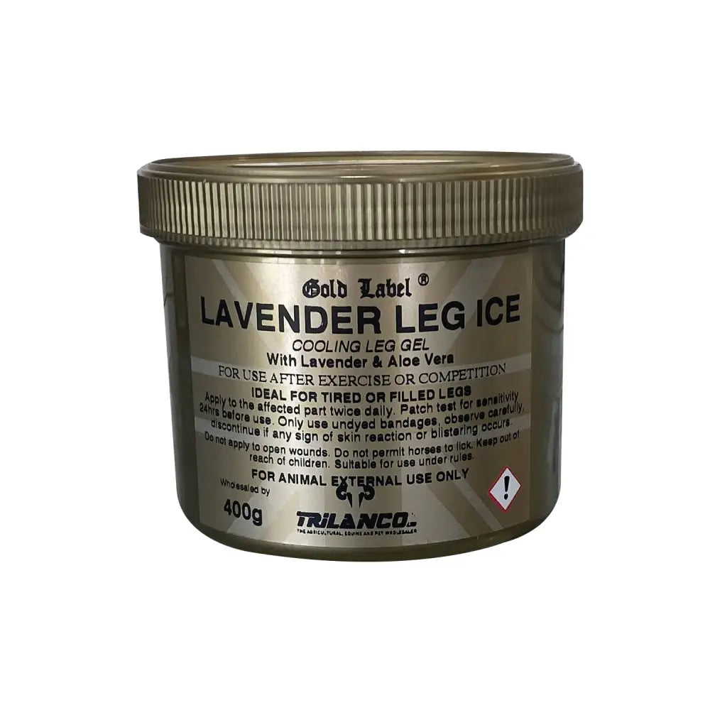 Gold label lavender leg ice cooling gel in metallic gold jar with aloe vera for soothing competition horses legs