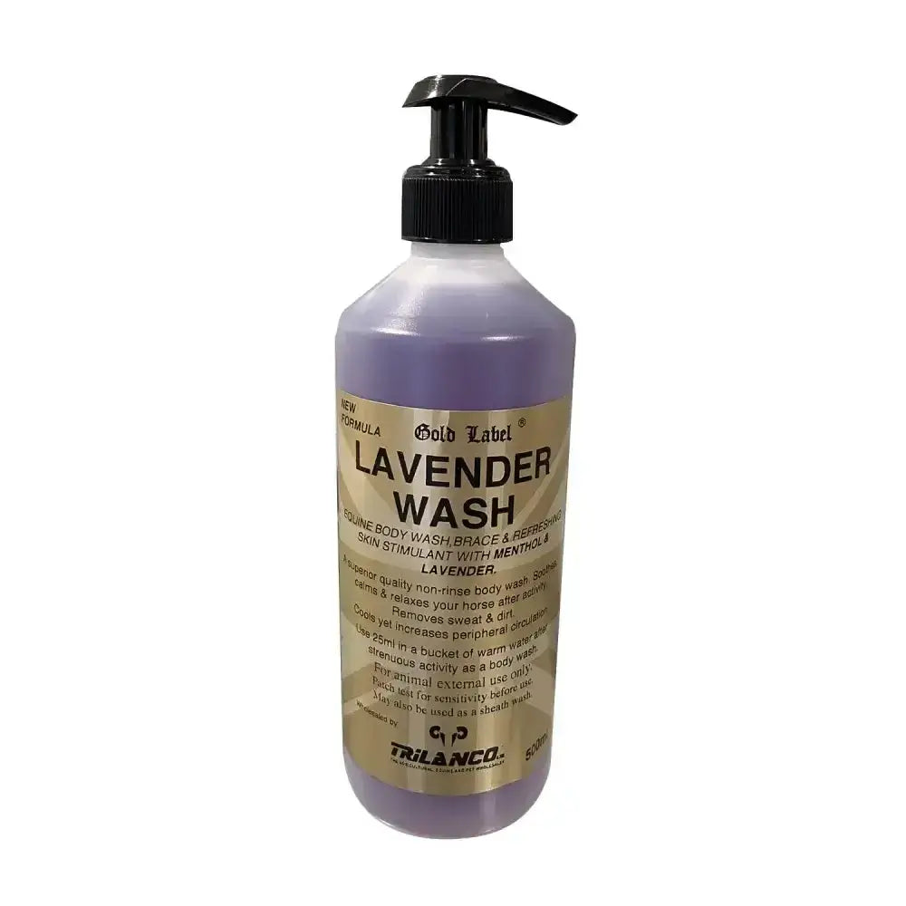 A translucent purple bottle of gold label lavender wash with black pump and gold-colored label for pleasant smelling body wash