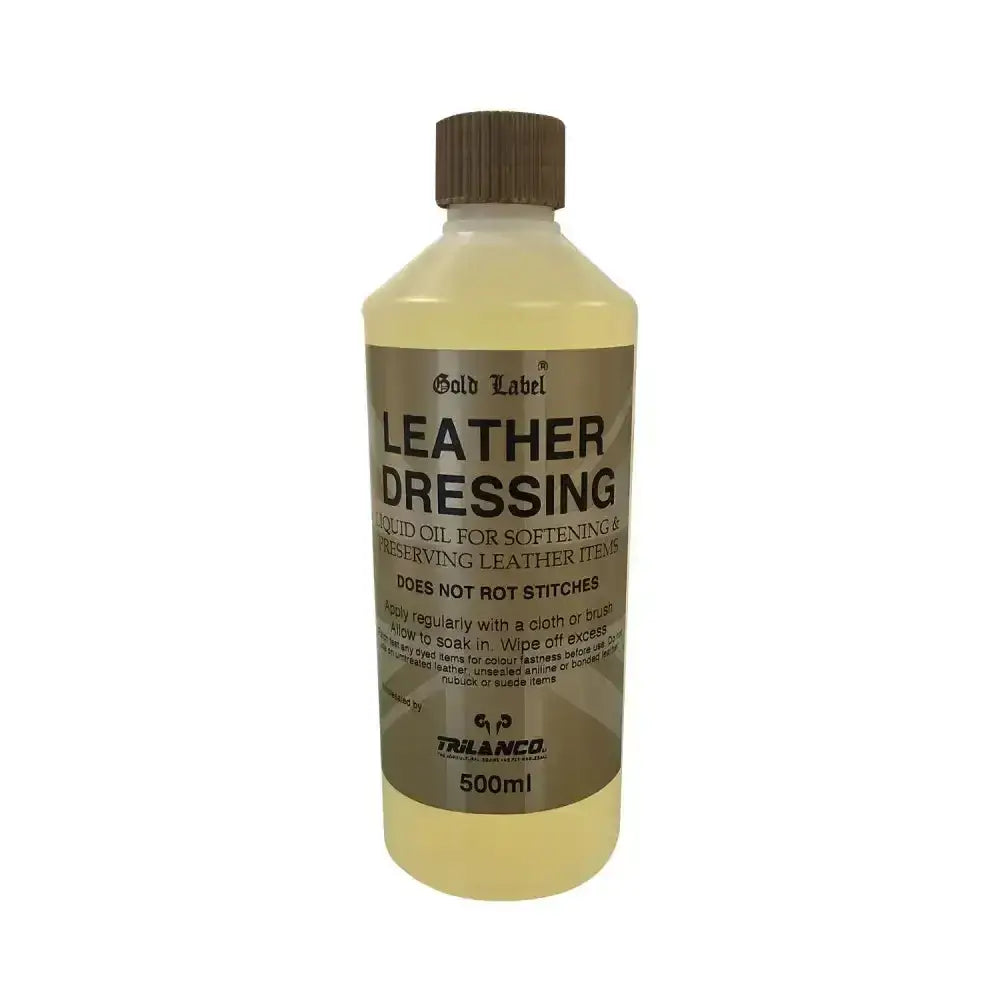 Gold label leather dressing 500ml translucent bottle with brown cap contains pale yellow traditional vegetable oil based leather dressing