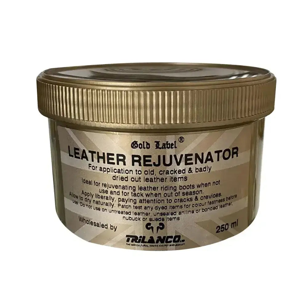 Gold label leather rejuvenator in a 250 ml jar with ribbed gold lid restores badly dried cracked leather items