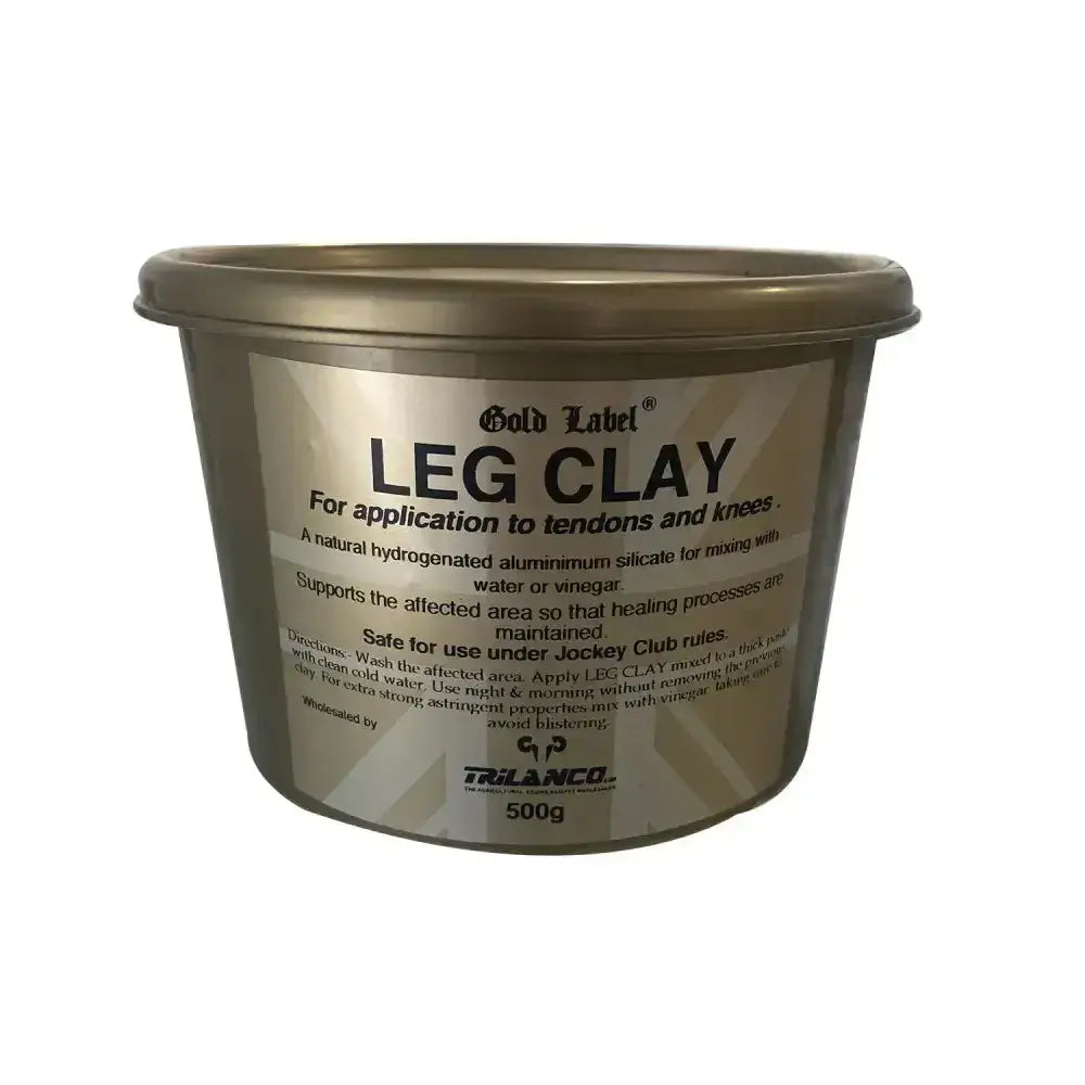 Gold label leg clay in a 500g metallic container supports tendons with natural clay for soothing care