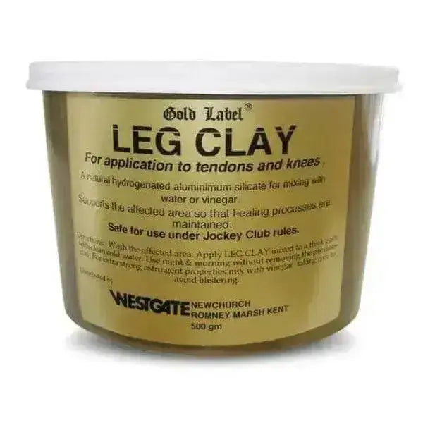 Gold label leg clay powder in a white tub labeled for use on tendons and knees with gold label leg branding