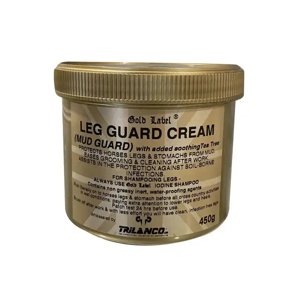 Gold label leg guard cream in a 450g jar with a ribbed gold lid and beige label for muddy conditions protection