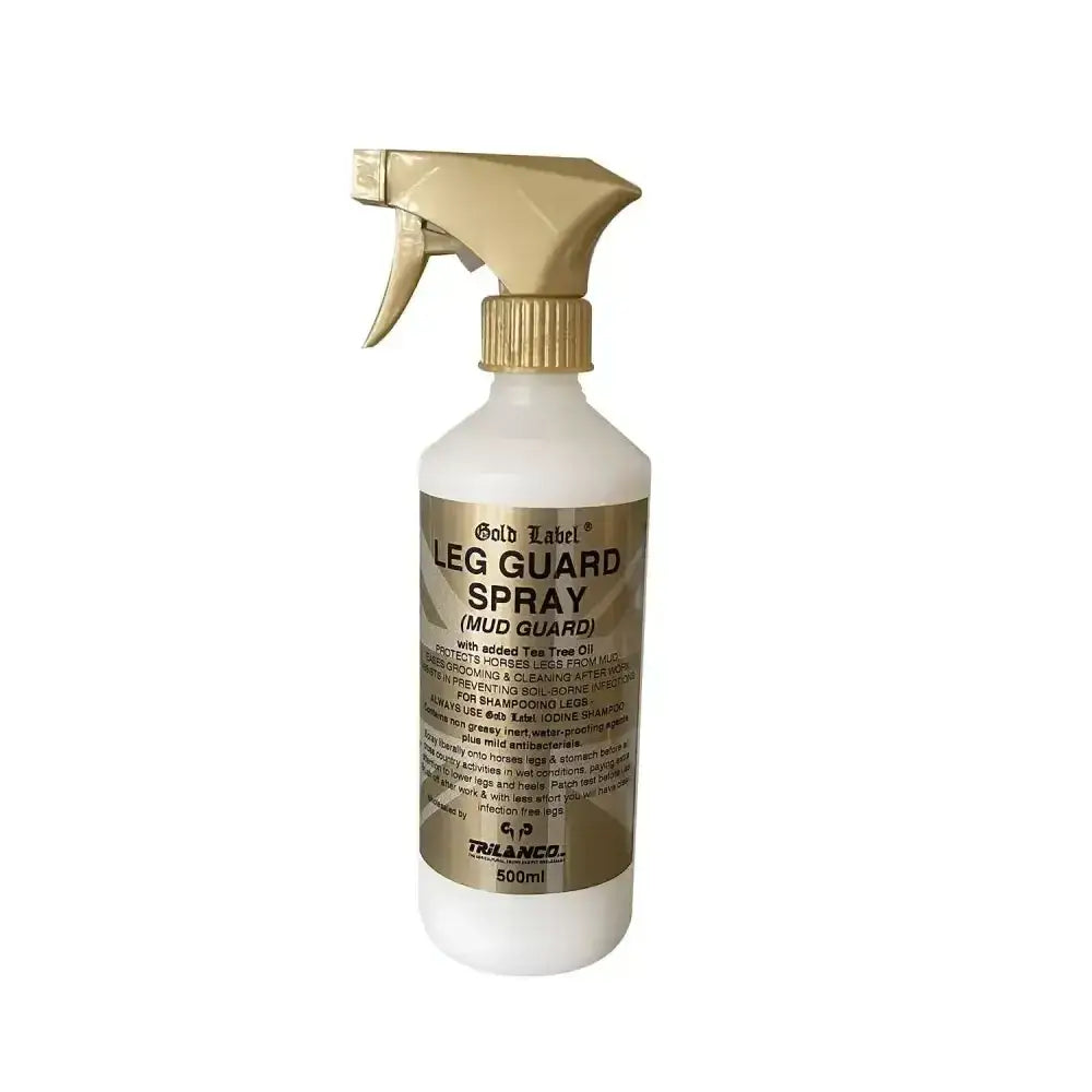 Gold label leg guard spray in a white plastic bottle with gold nozzle helps prevent problems for healthy legs