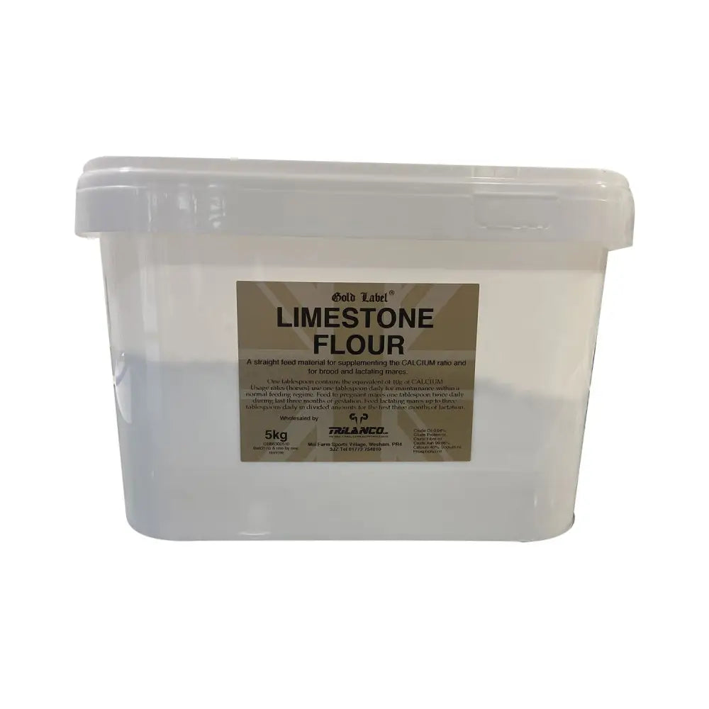 A clear plastic container of gold label limestone flour filled with white powder labeled 5kg for lactating mares