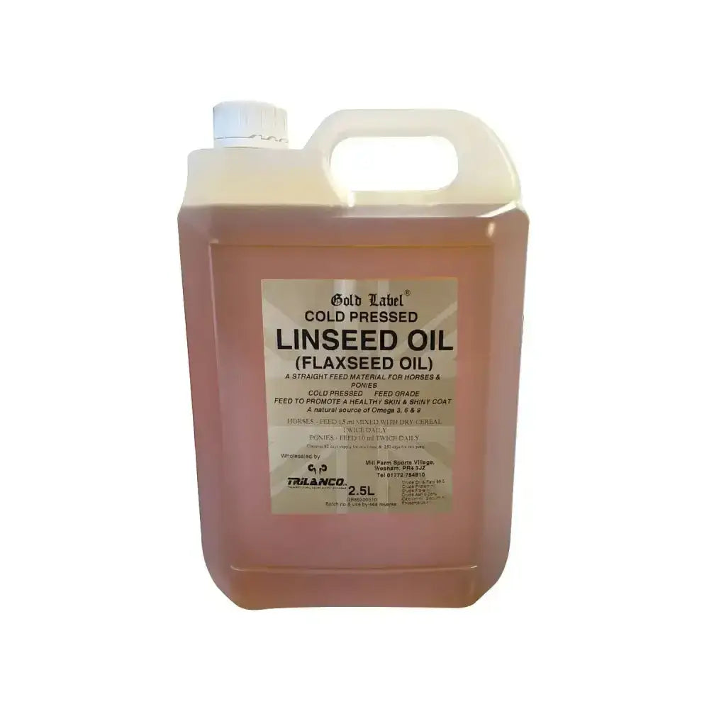 A 25l translucent plastic jug filled with pinkish-orange cold-pressed gold label linseed oil for horse supplements