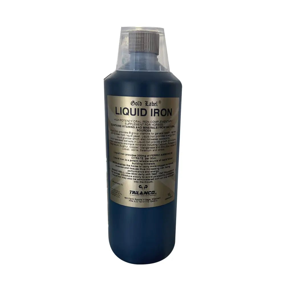 Dark blue plastic bottle with clear cap labeled gold label liquid iron by trilanco nutritional liquid supplement for worm infestation