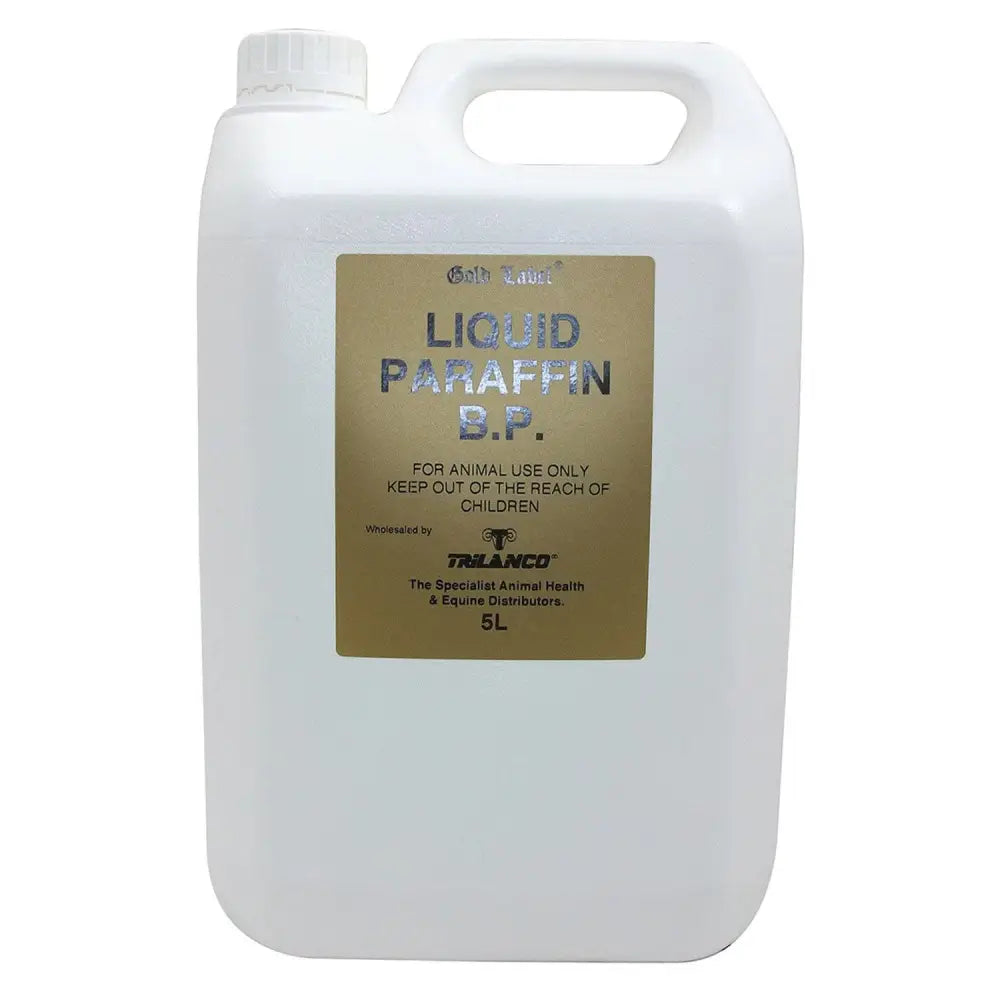 White plastic jug of trilanco gold label liquid paraffin 5l for horses with gold-colored label sticker