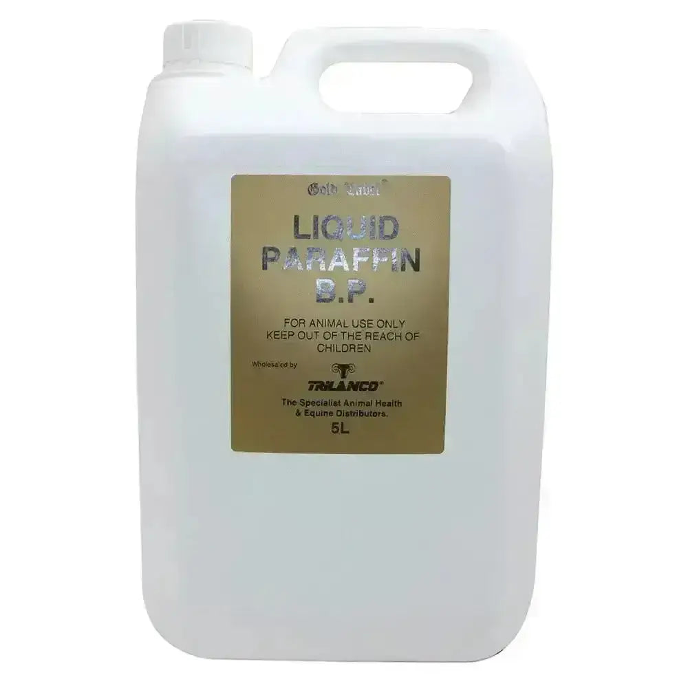 White plastic jug with gold label liquid paraffin b.p from trilanco for horses featuring gold label liquid paraffin