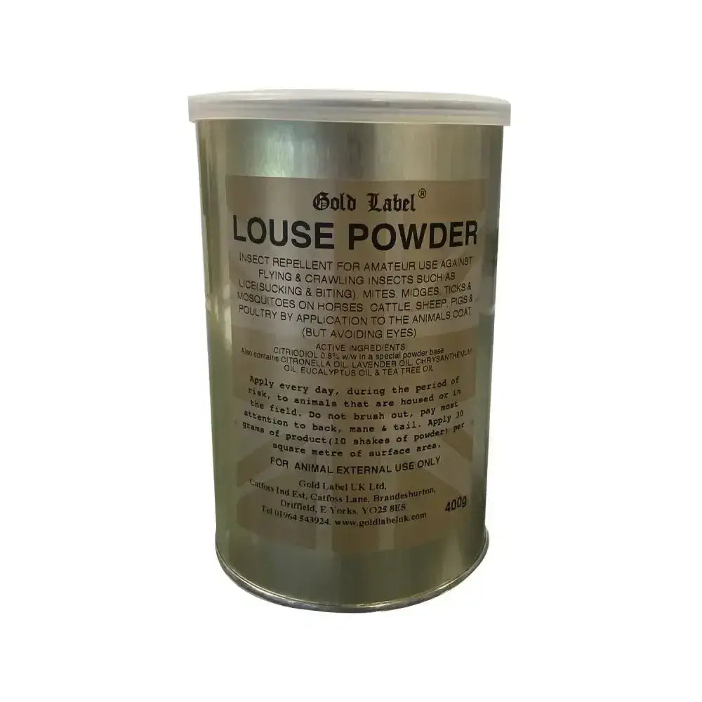 Gold label louse powder in a silver metallic cylindrical container with white lid for effective lice treatment