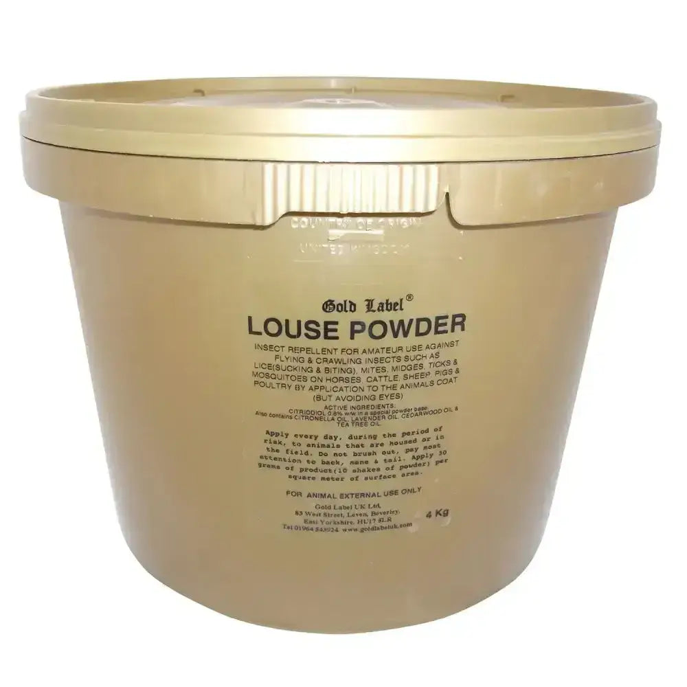Beige plastic container of gold label louse powder with matching lid for animal use showing front label louse powder