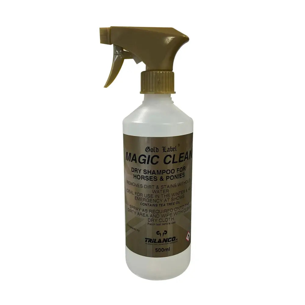 Gold label magic clean dry shampoo spray for horses and ponies with white plastic bottle and gold trigger sprayer