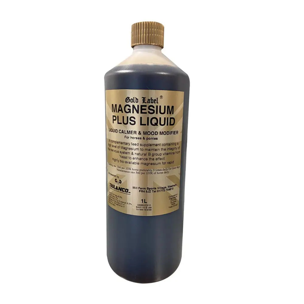 Gold label magnesium plus liquid calmer in a 1-liter brown plastic bottle with gold cap and label for mood modifier use