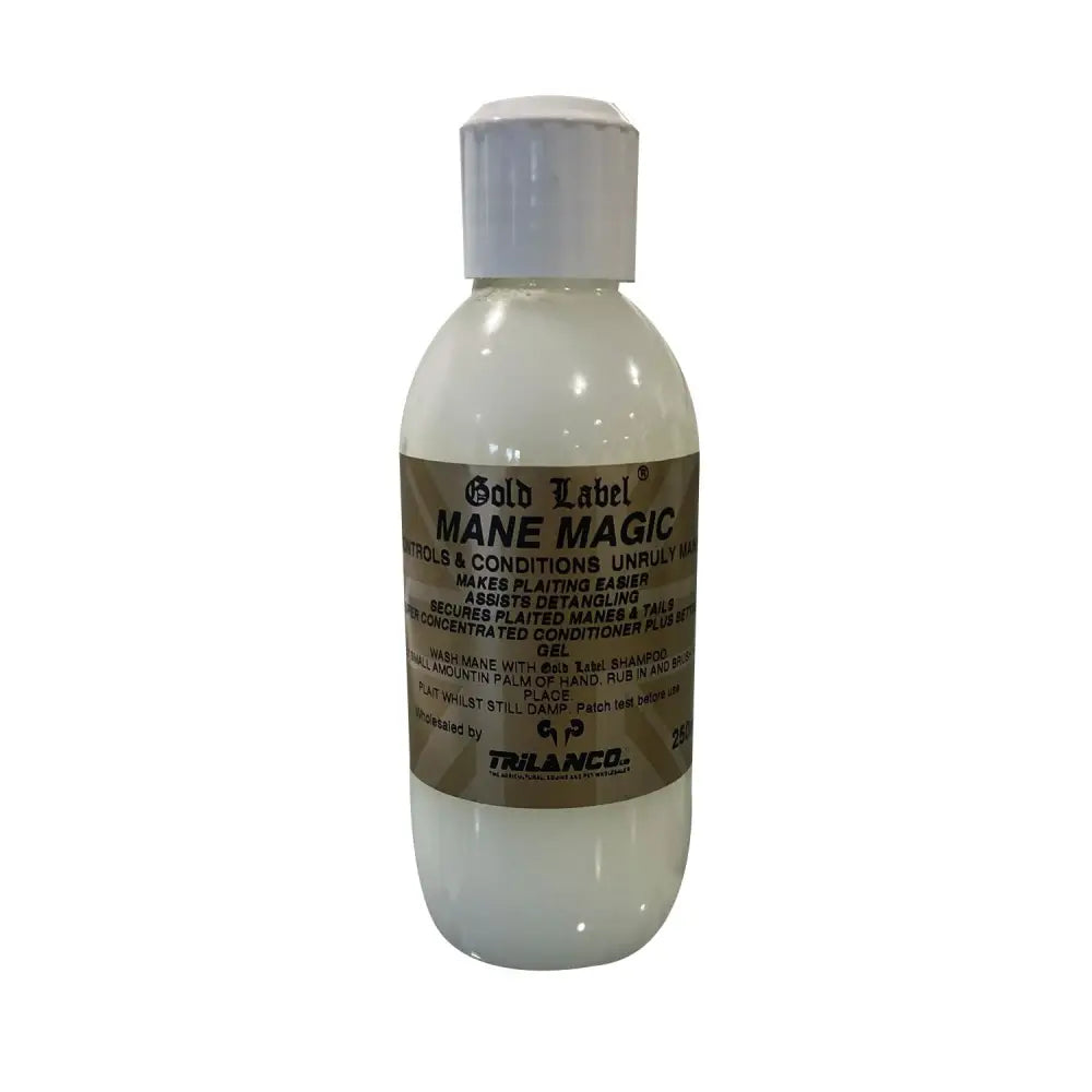 A 250ml transparent bottle of gold label mane magic clear gel with a white cap and beige label for magic wayward manes