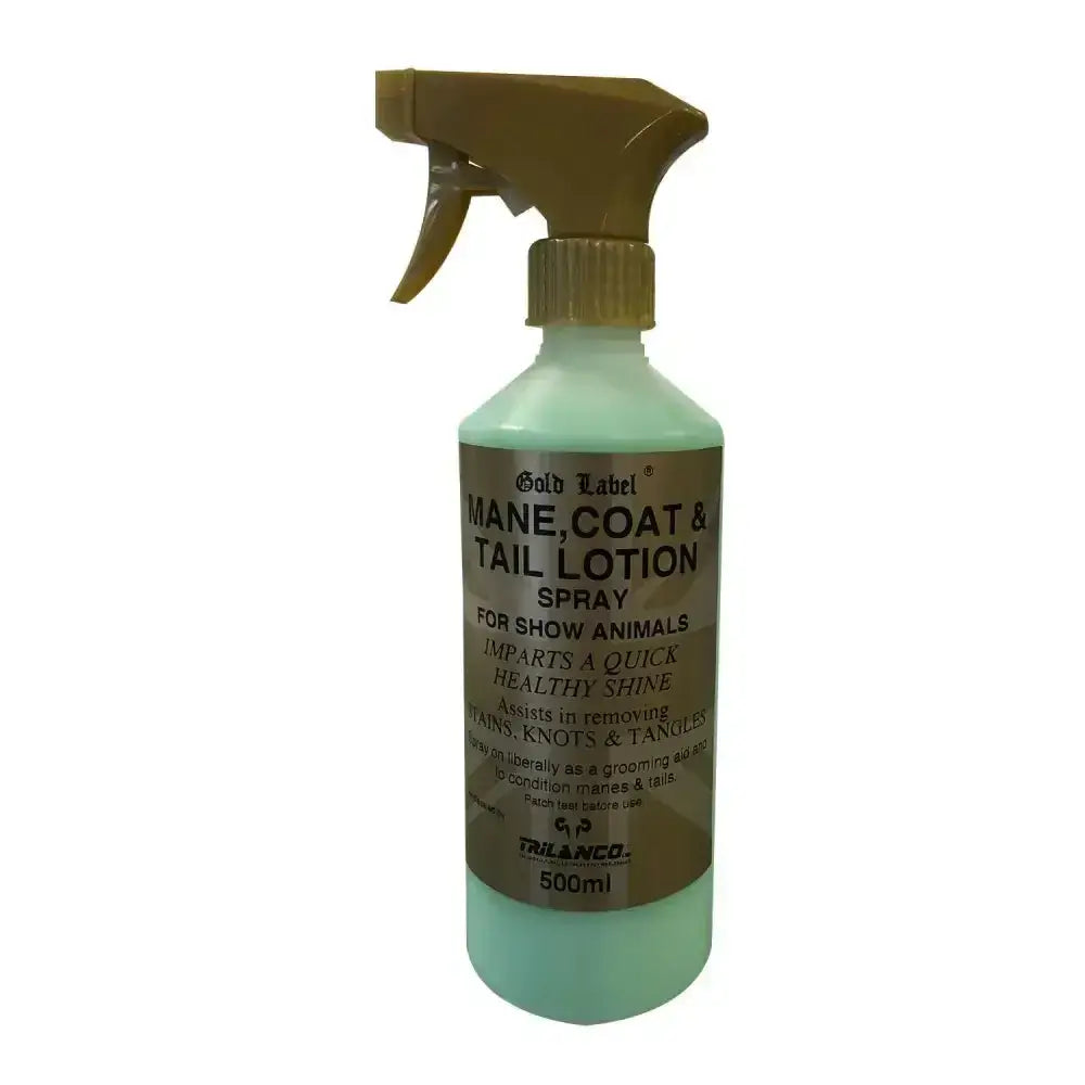 A translucent light green plastic spray bottle with gold label mane coat lotion for mane tail and coat care