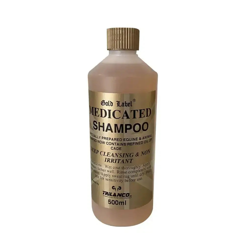 Gold label medicated shampoo in a 500ml translucent bottle with gold label offers deep cleansing and anti-fungal properties