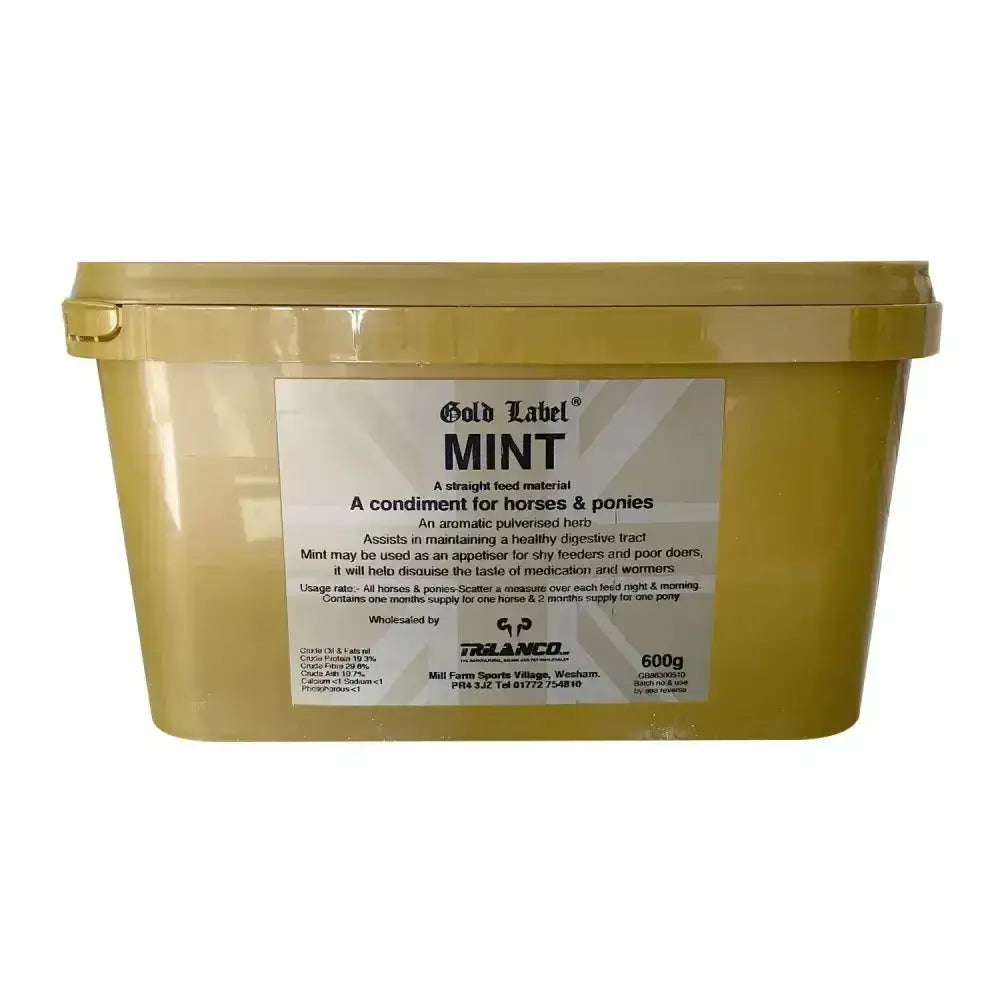 Gold label mint 600g matte gold tub of pure pulverised mint horse supplements for horses and ponies