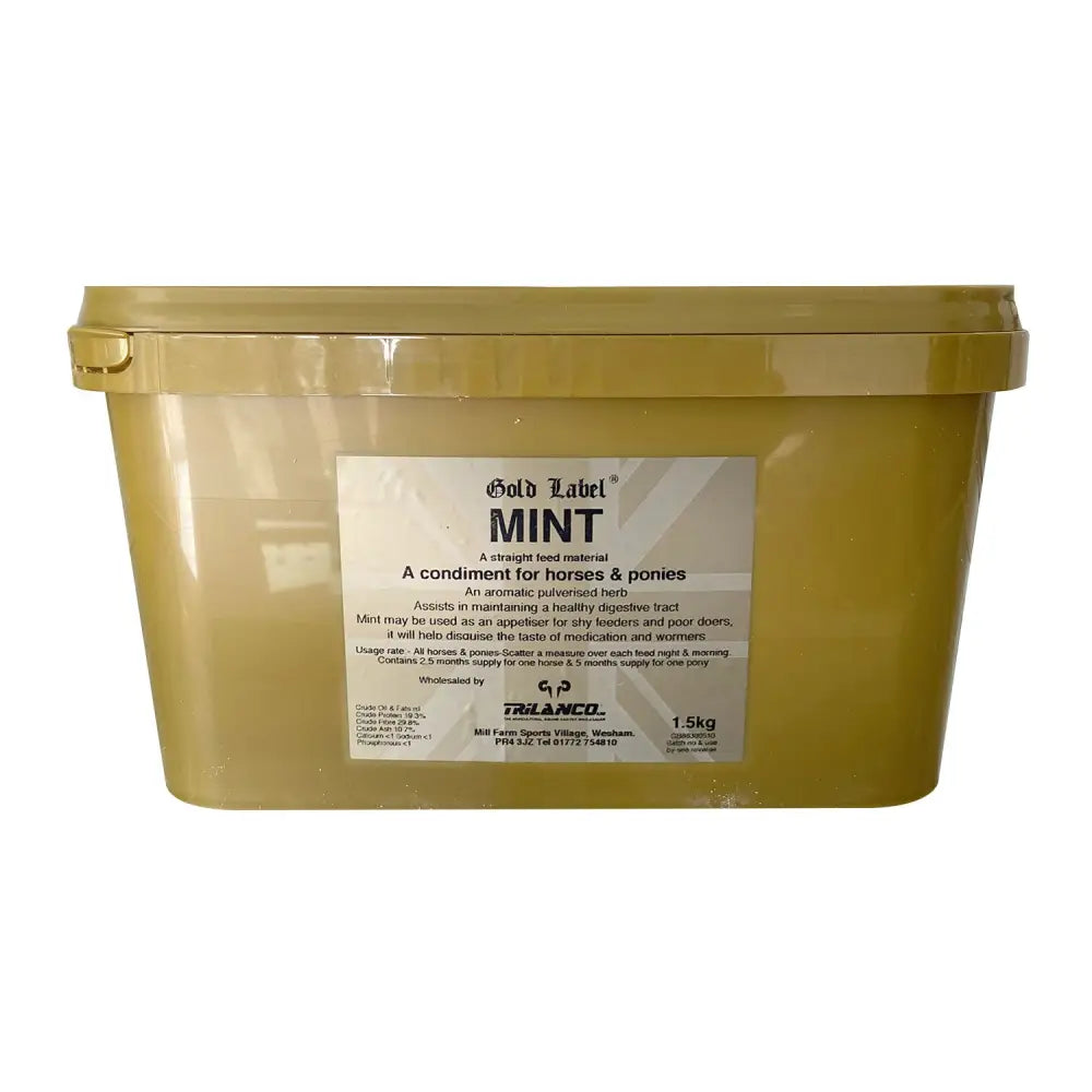 Gold label mint horse supplements in a 1.5kg olive green plastic container with pure pulverised mint feed