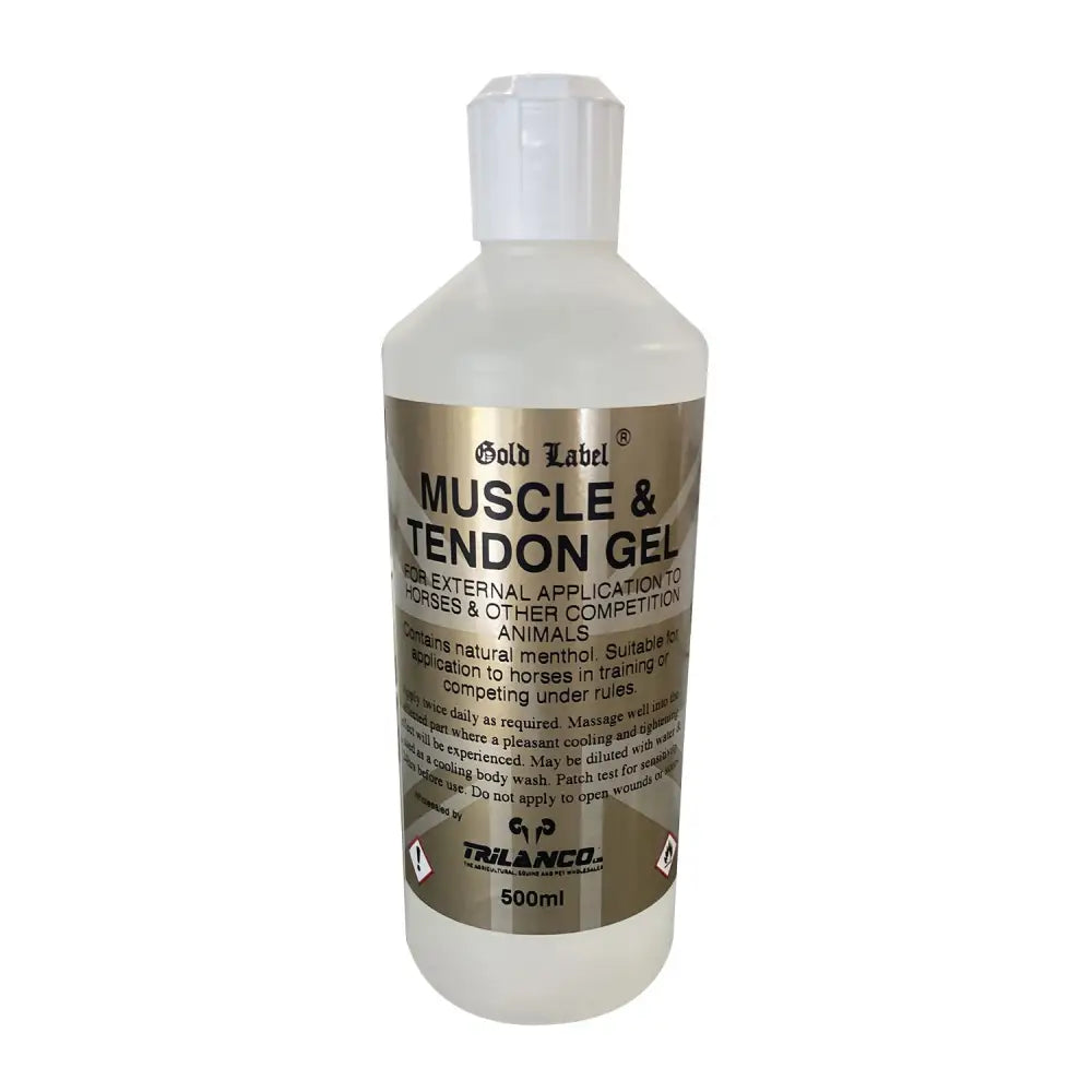 Gold label muscle tendon gel in a 500ml clear plastic non spill gel bottle with white cap and metallic gold label